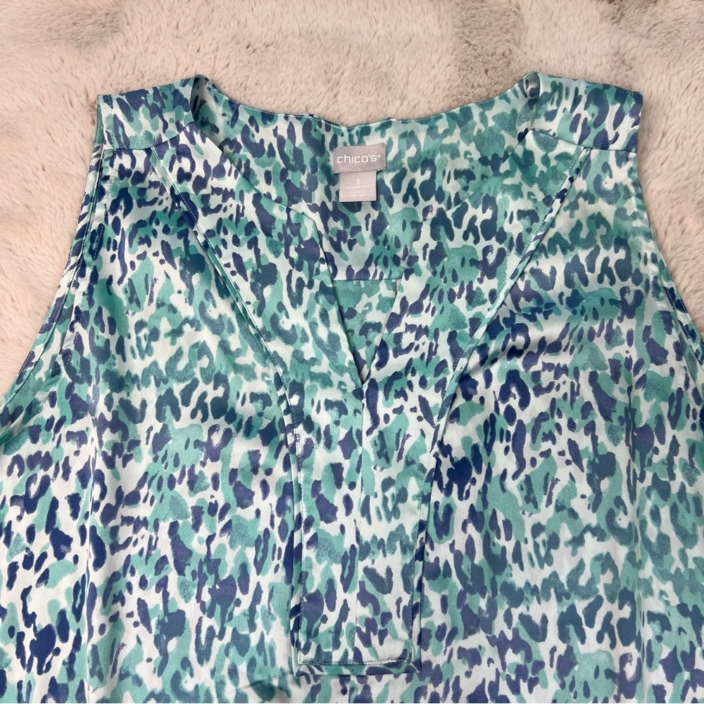 Chicos Coastal Animal Print Satin Top Blouse Plus Size 3 Skylight Blue Front Tie - Picture 4 of 9